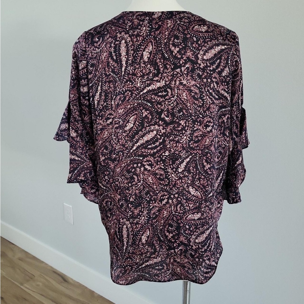 Vince Camuto Navy and Mauve Ruffled Bell Sleeve Blouse - Picture 2 of 6